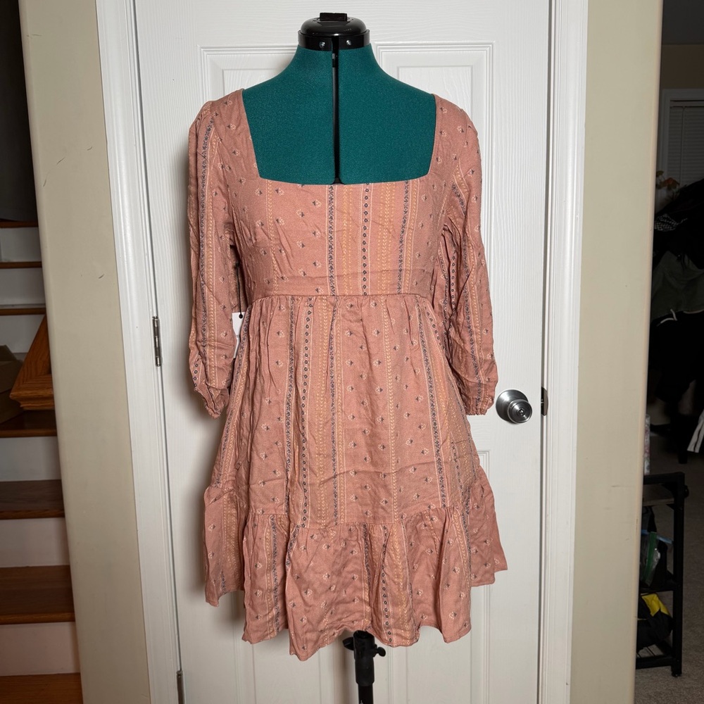 Dusty Rose Pink Square-Neck Mid Sleeve Tie Back Smocked Western Print Mini Dress